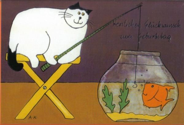 Grußkarte Katze mit Goldfisch