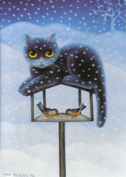 Postkarte Katze auf dem Vogelhaus