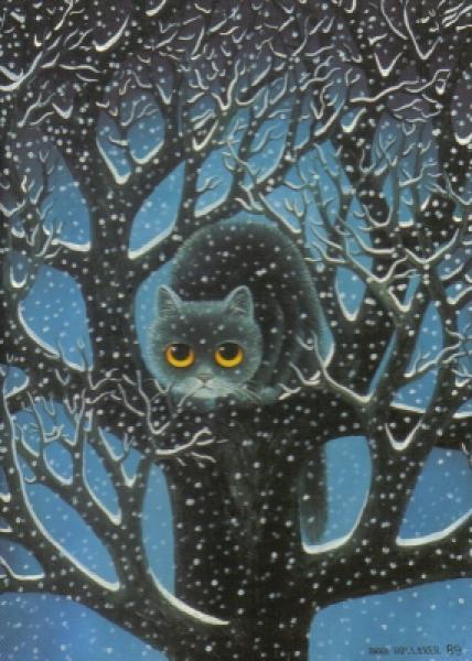 Postkarte Katze im Winterbaum